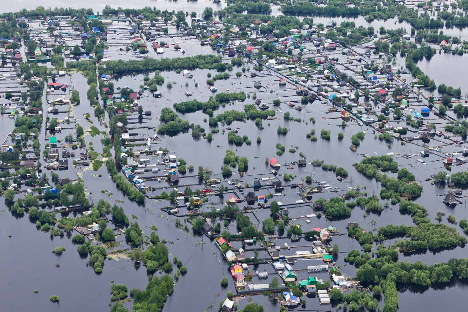 Aerial view of the residential area of the suburb of Nizhnevartovsk, Tyumen region, Russia during the Ob River flood of 2015.